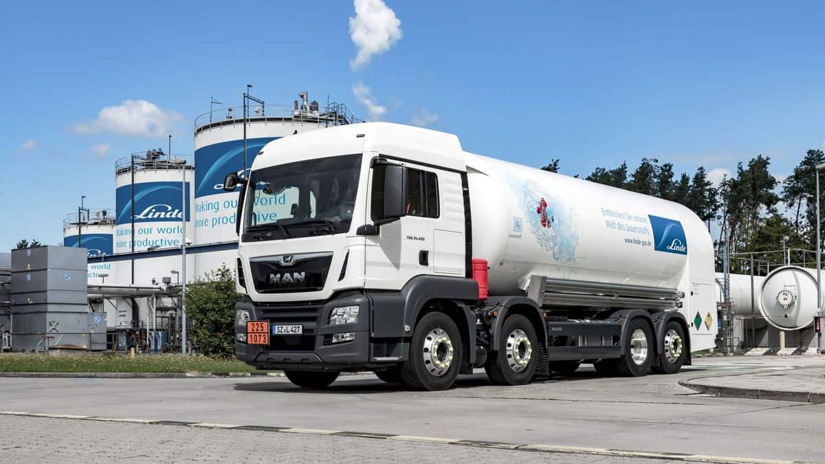 White trucks and storage tanks for liquified gases.