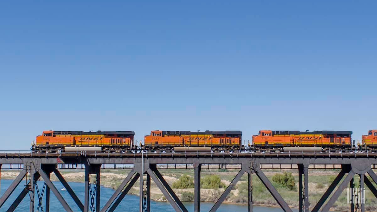 A photograph of three BNSF locomotives crossing a bridge.