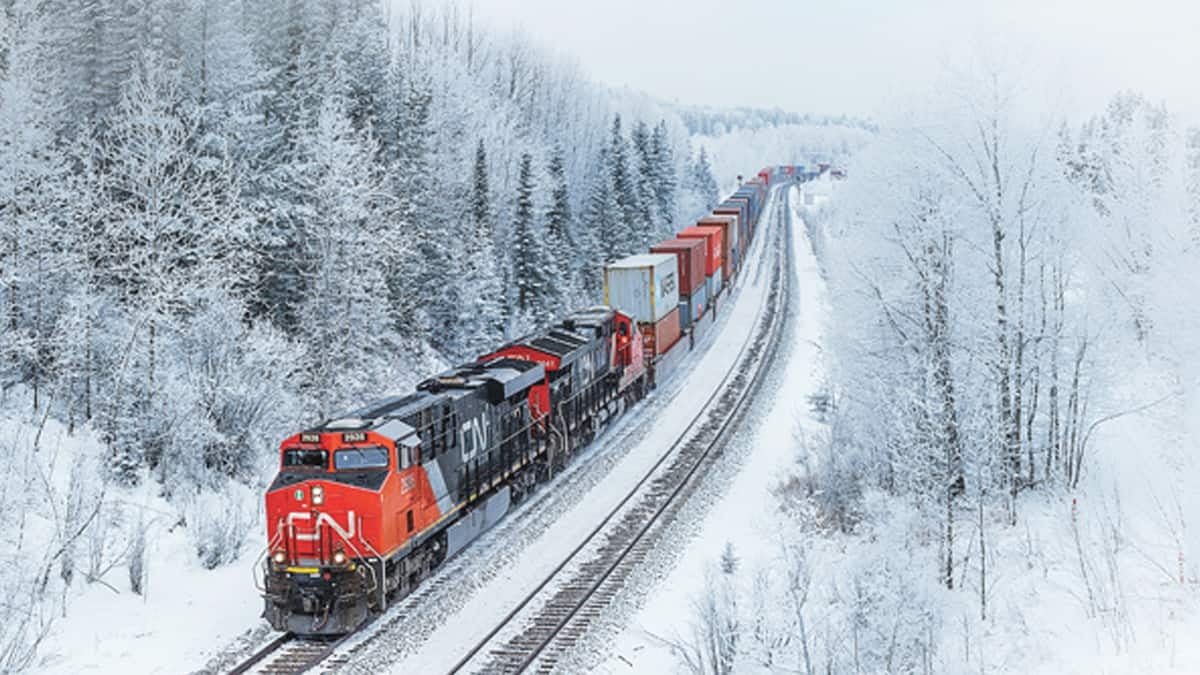 A photograph of a CN train passing through a snow-filled forest.