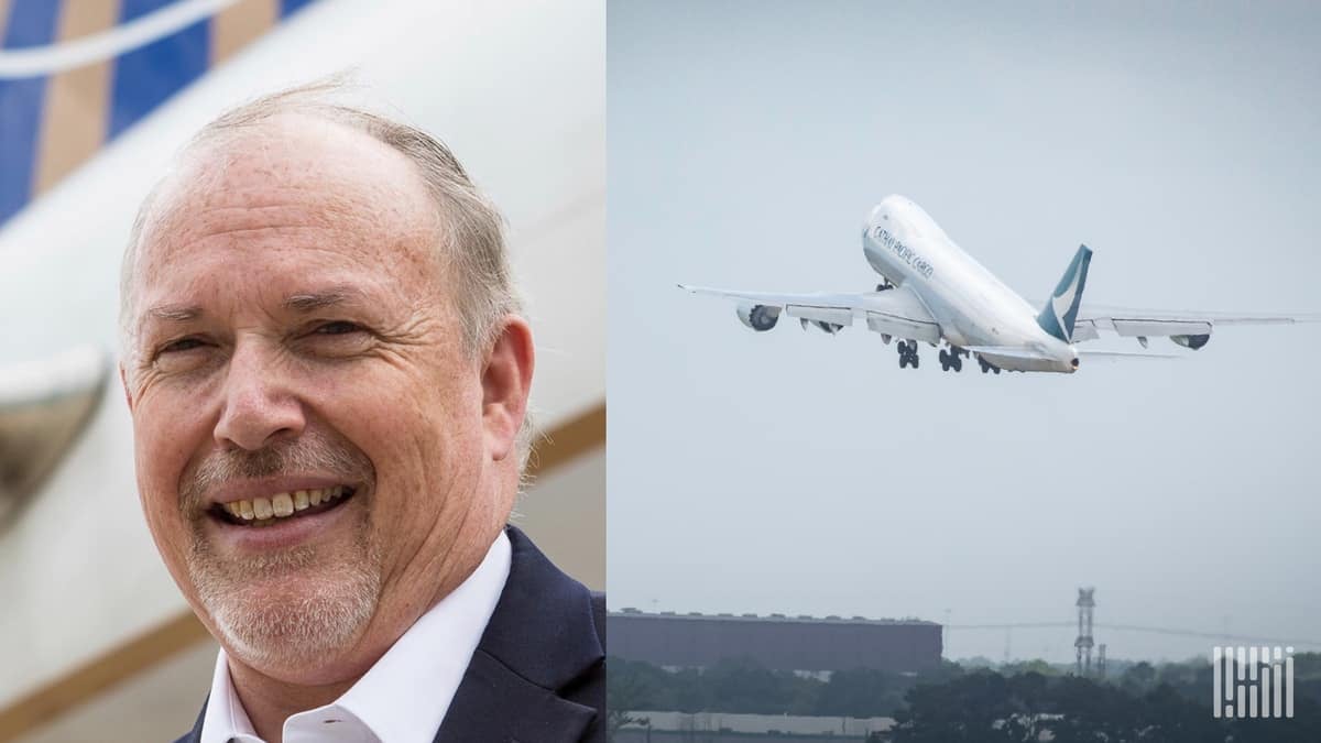 Head shot of air cargo industry official Michael White and a plane taking off next to him.