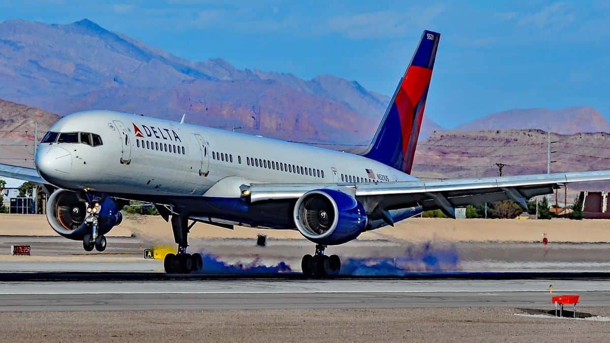 A white Delta plane with blue tail lands at sunny Las Vegas airport.