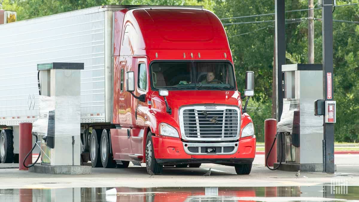 Tractor trailer at shut down Gulf Coast fueling station just prior to Hurricane Laura.