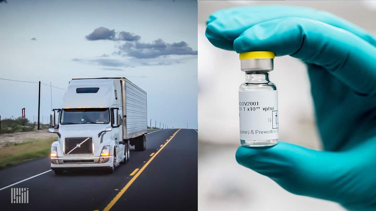 A truck and a COVID-19 vaccine vile to illustrate a story about the Canadian government seeking logistics providers to distribute COVID-19 vaccines.