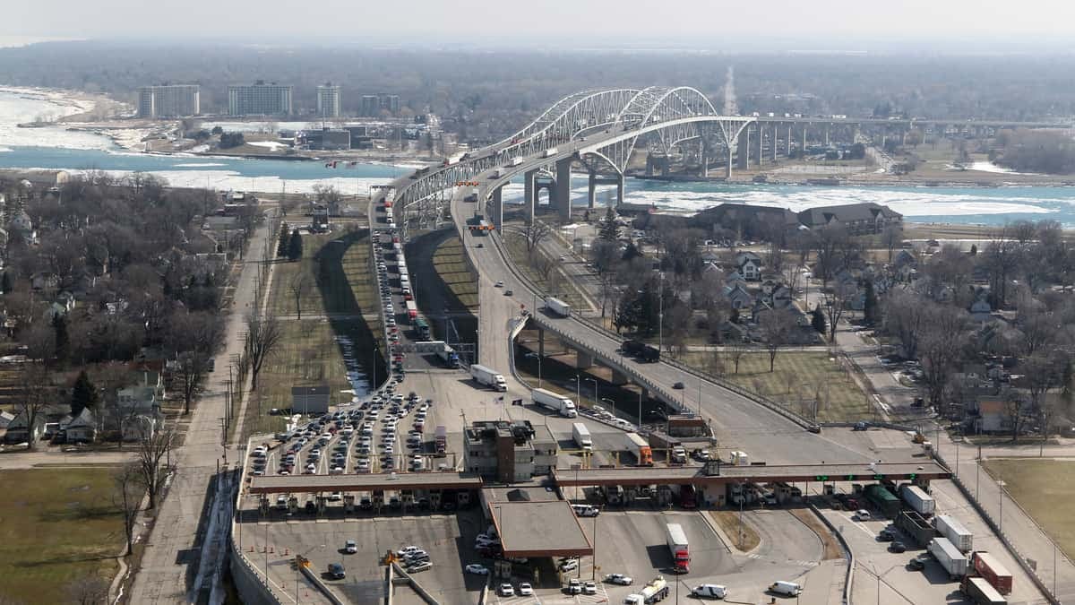 The Blue Water Bridge border crossing linking the US and Canada. The US land borders with Canada and Mexico will remain closed for nonessential travel until Nov. 21