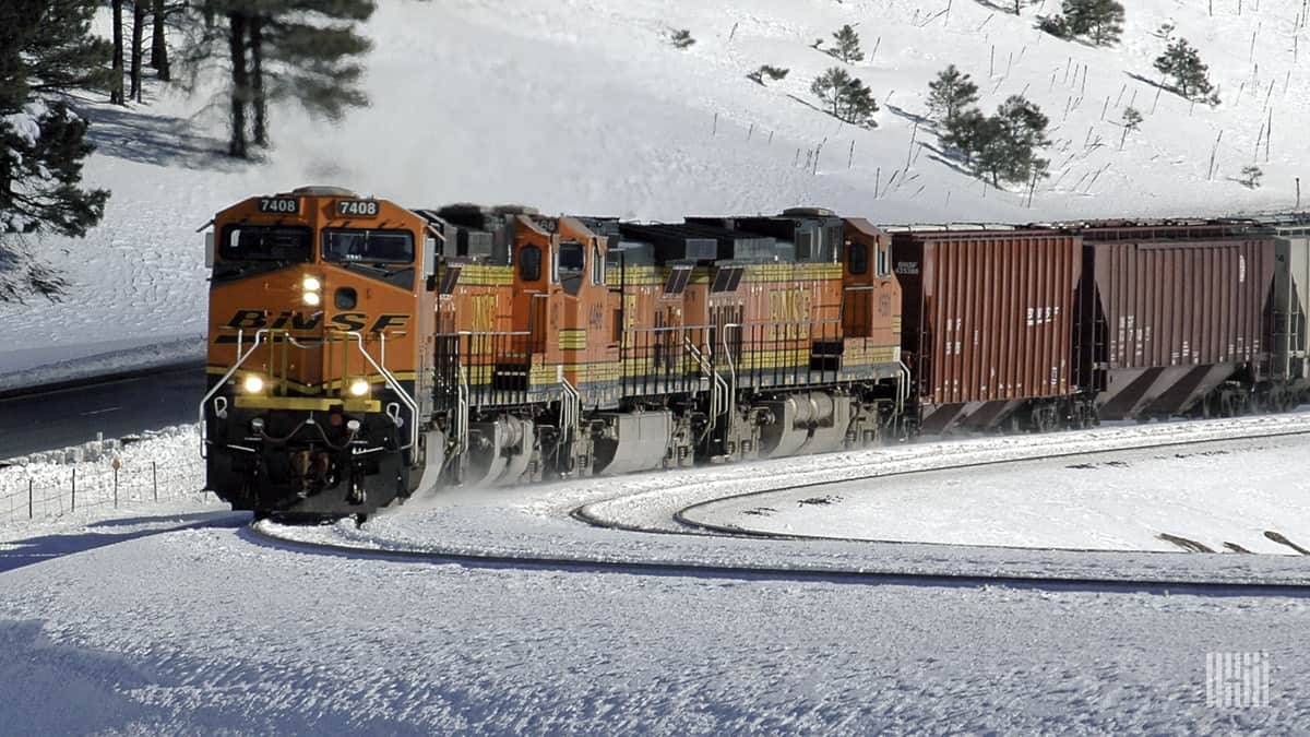 A photograph of a BNSF train traveling through a snowy landscape.