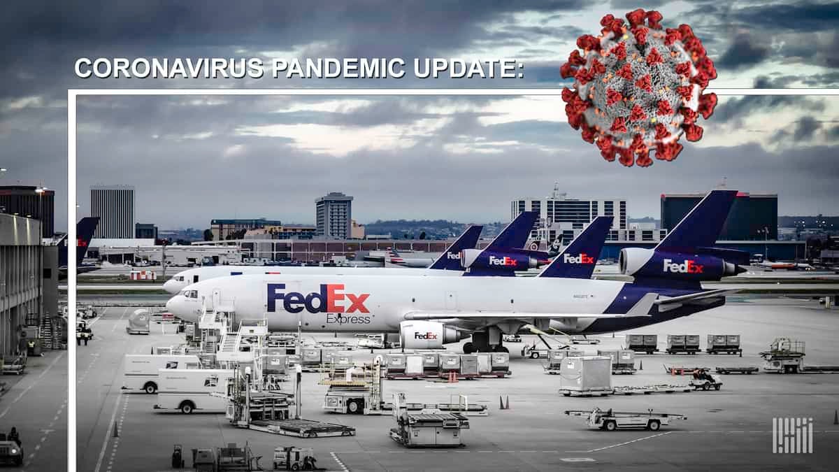 White FedEx planes with blue tails, with an image of the coronavirus as art. FedEx is helping ship supplies to combat the coronavirus.