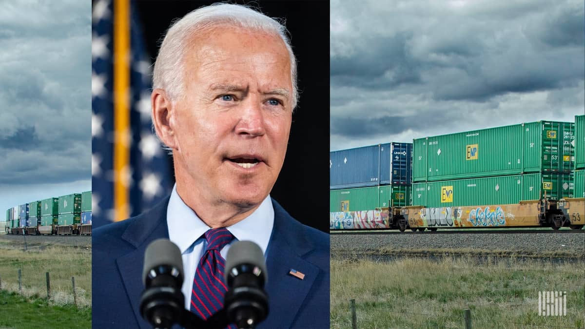 Two photographs. A photo of Joe Biden is on top of a photo of a freight rail train.