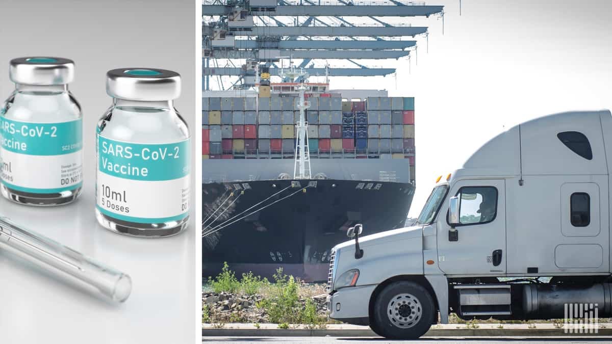 Image of vials on the left and a truck and vessel on the right to represent COVID vaccine distribution.