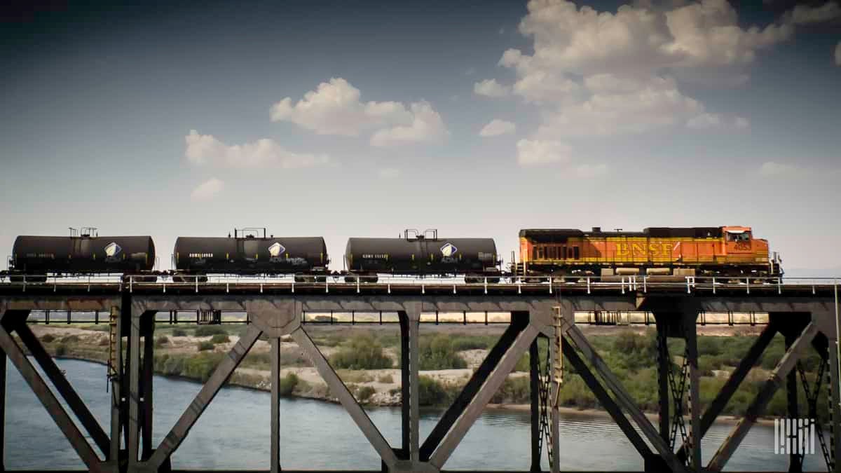 A photograph of a BNSF train hauling tank cars.