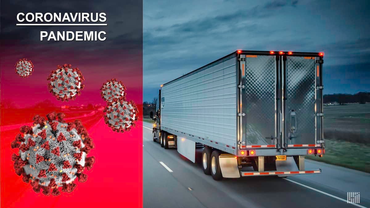 A silver refrigerated tractor trailer going down the highway with image of coronavirus superimposed next to it.