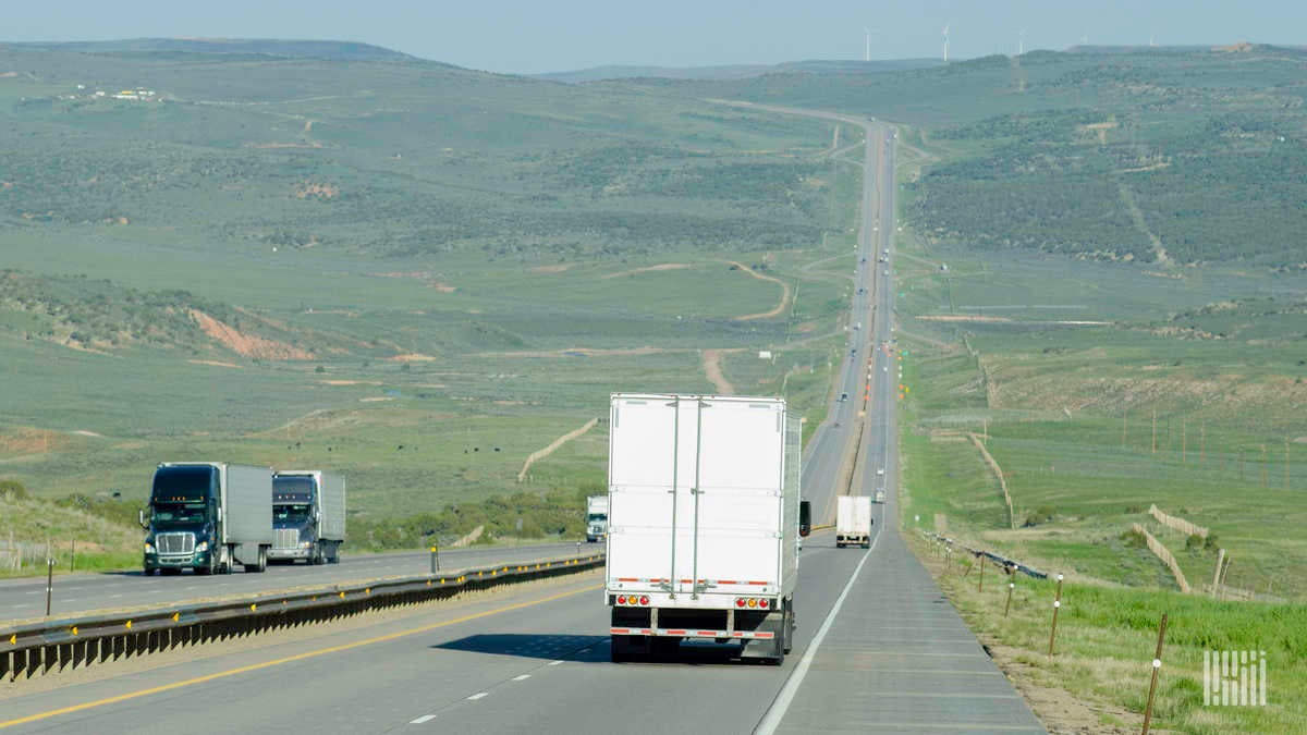 Tractor-trailers on Interstate 80 near Fort Bridger, Wyoming.