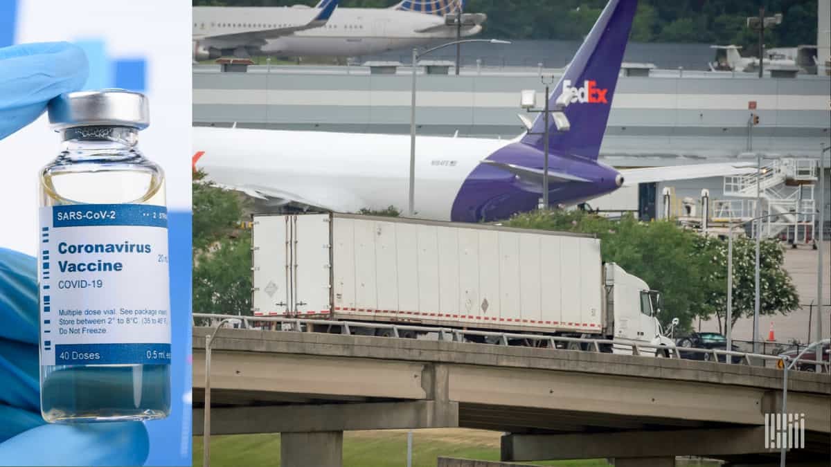 Graphic image with a vaccine vial on one side, FedEx aircraft on the other