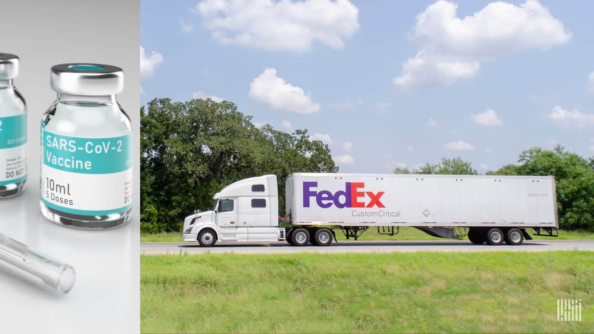 Split screen: Vial of COVID vaccine on left, FedEx truck on right. FedEx is helping to deliver vaccines.