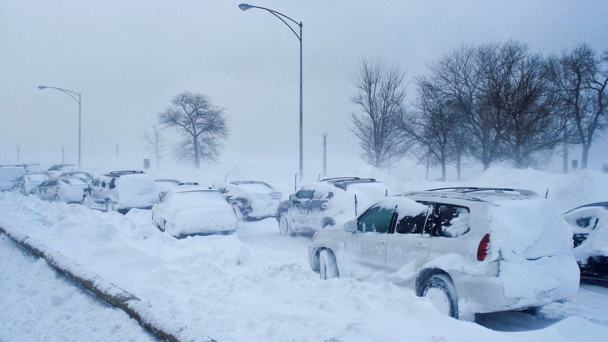 Cars parked in deep snow.