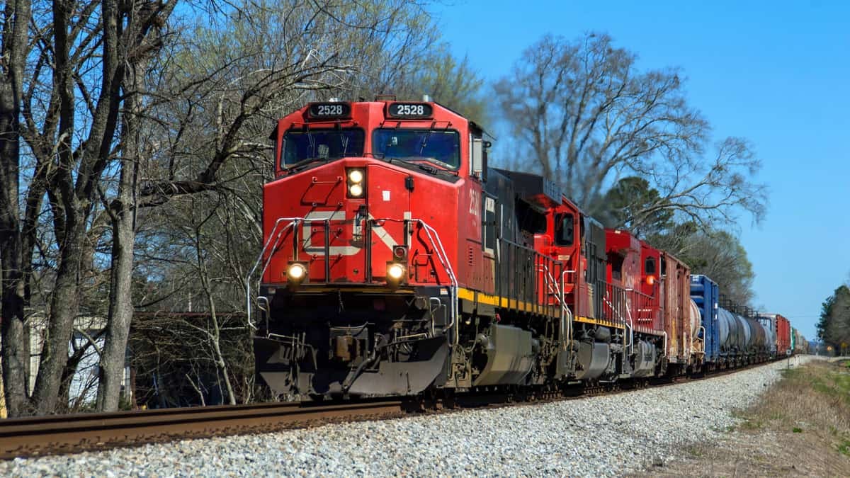 A photograph of a CN train passing by a forest.