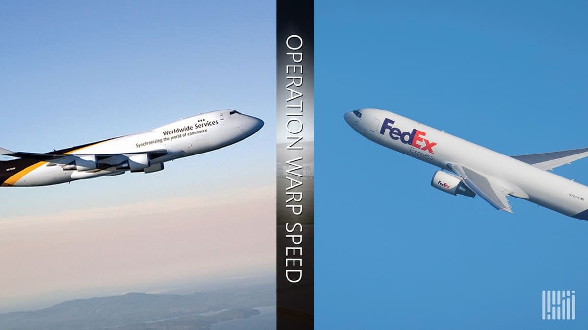 Split screen of UPS jumbo jet on left and FedEx cargo plane on right, with Operation Warp Speed logo down the middle. It's all about COVID vaccine delivery.