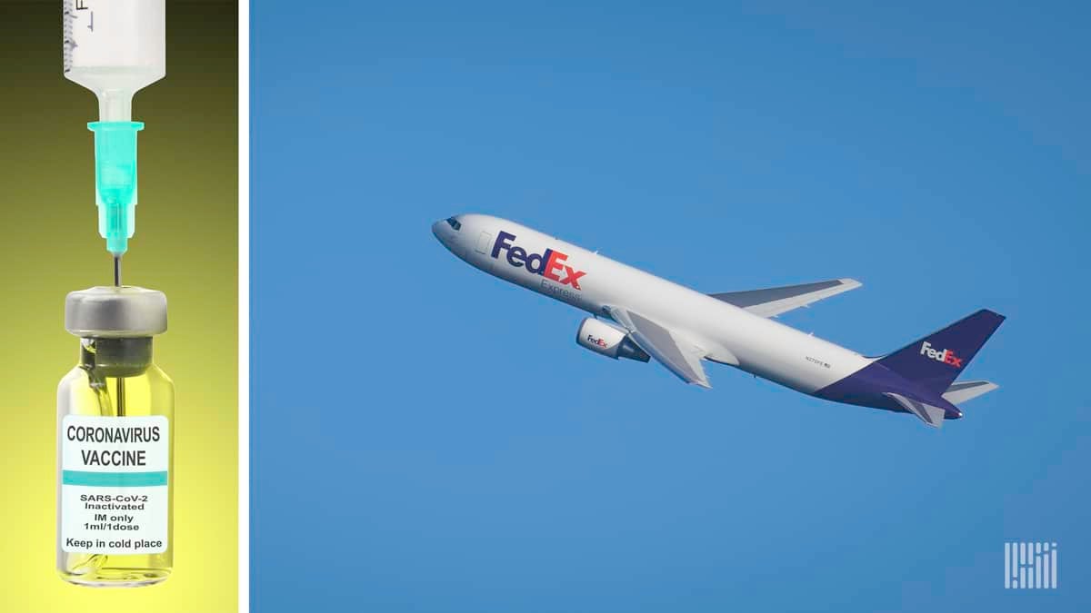 A COVID-19 vaccine vial next to a FedEx aircraft. FedEx has won a Canadian government logistics contract to distribute COVID-19 vaccines.