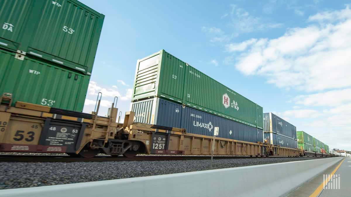 A photograph of intermodal containers on a train.