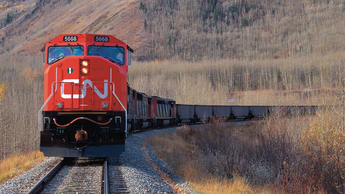 A photograph of a CN train traveling through a field.