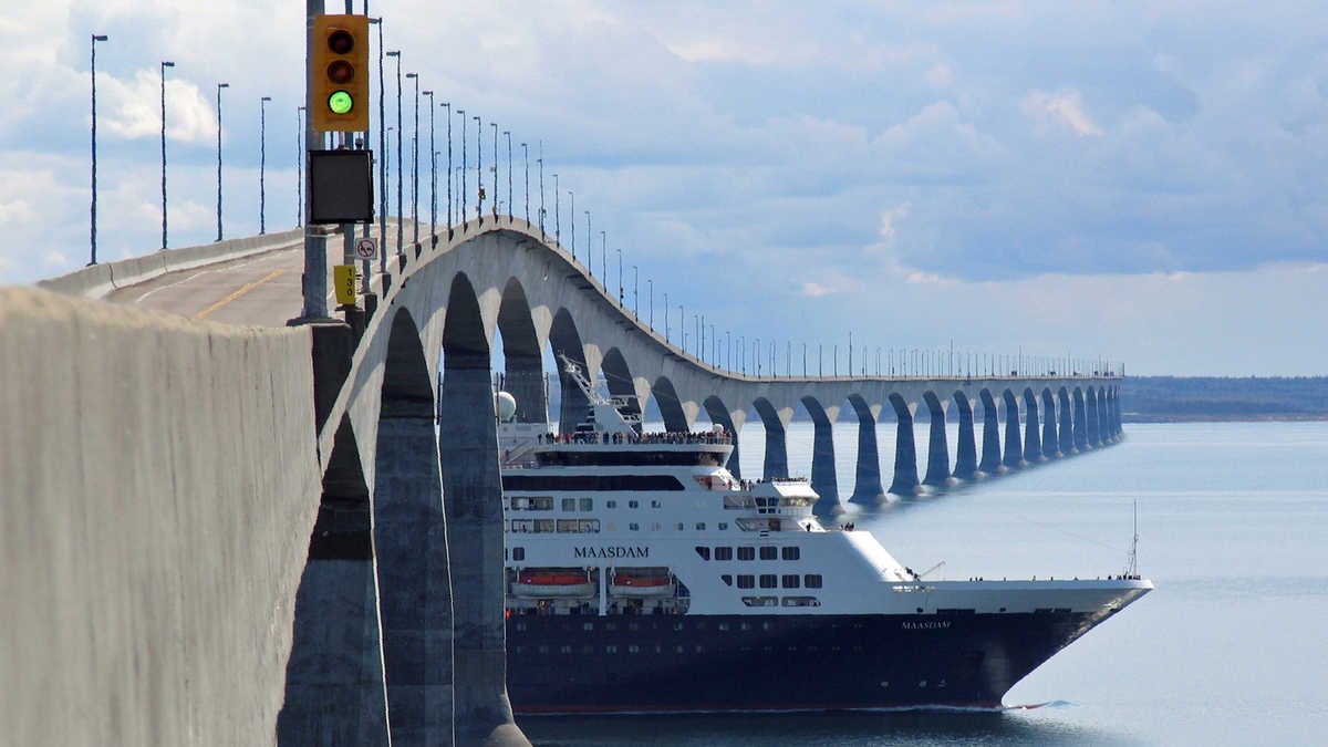 Ship going under the Confederation Bridge in eastern Canada.