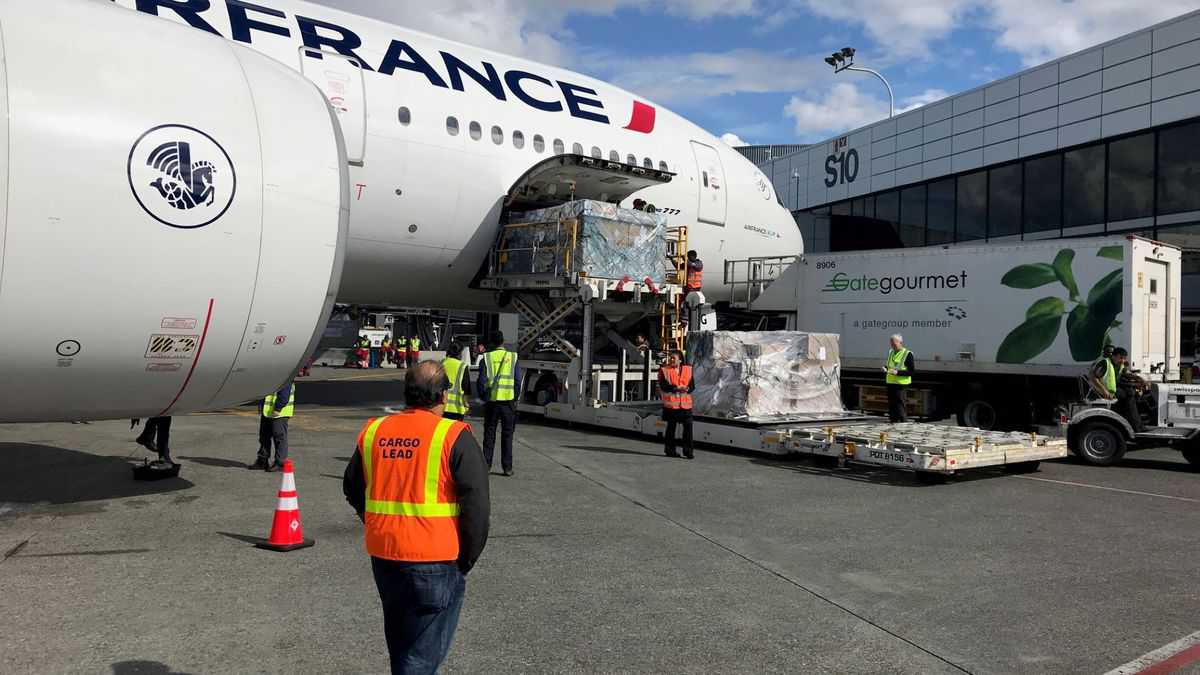 A large white jet getting loaded with cargo through side door. Airport worker with orange vest in foreground.