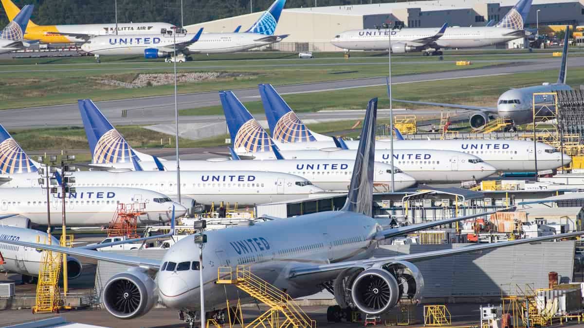 United Airlines planes parked at airport.