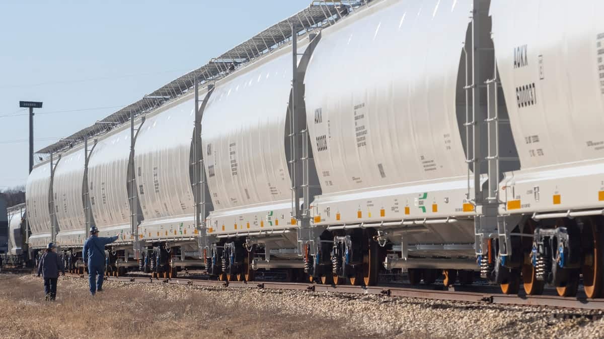 A photograph of a train consisting of hopper cars.