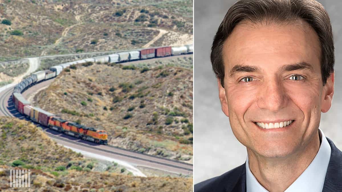 A composite photo. On the left is an image of train winding through a mountain pass. On the right is the photo of a man.