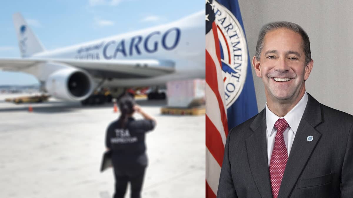 A TSA inspector observes cargo being loaded on a Saudia 747 jet. Split screen with TSA official in charge of Air Cargo division on the right.