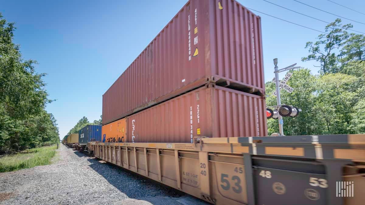 A photograph of a train hauling intermodal containers.