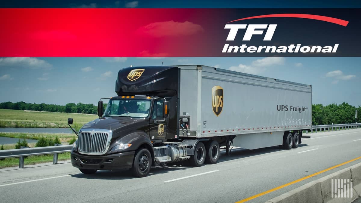 A tractor-trailer from UPS below a logo of TFI International. TFI is acquiring UPS Freight.