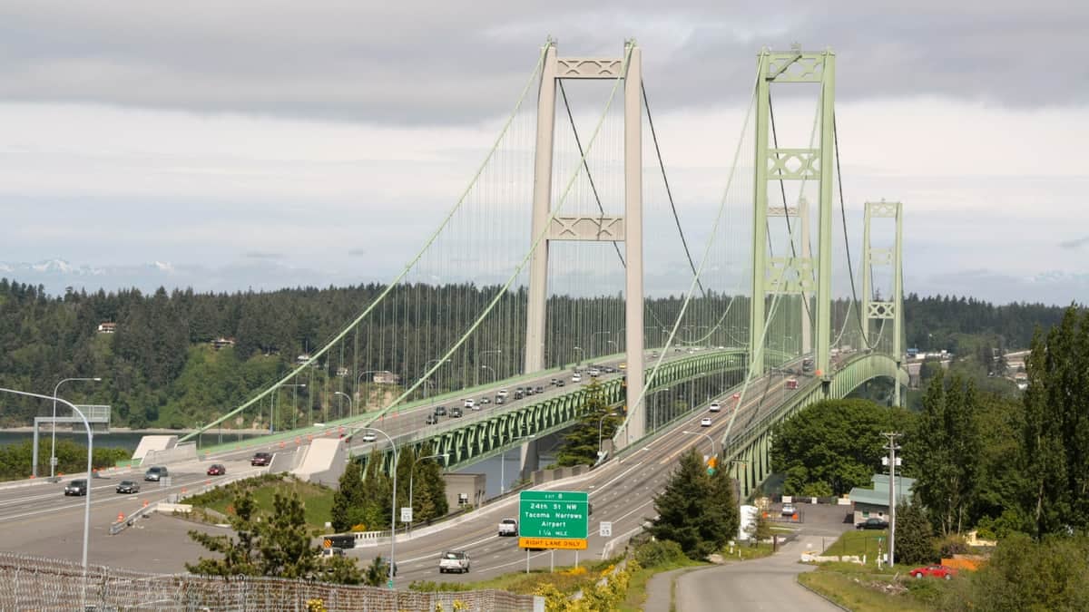 Vehicles crossing the Tacoma Narrows Bridge in Washington.