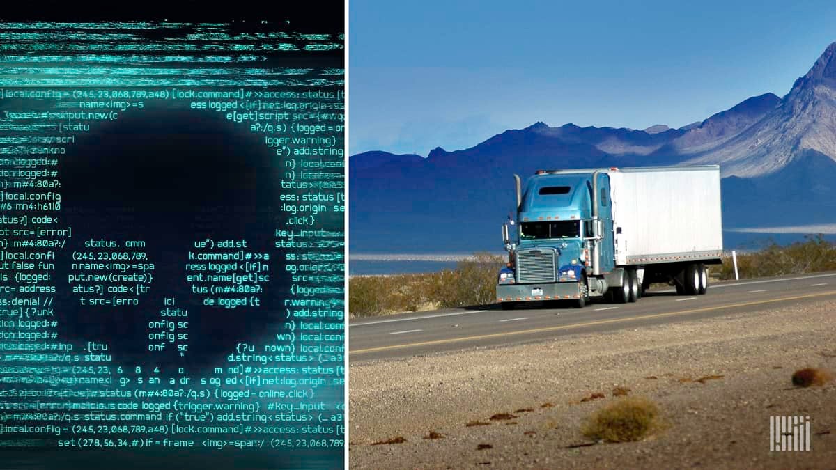 A skull appears in computer code alongside an image of a truck to illustrate a ransomware attack on DSC Logistics.