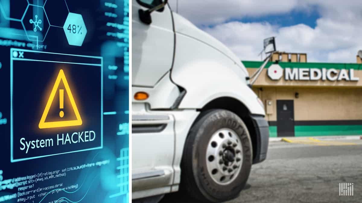 An image of a computer screen stating "system hacked" alongside a photo of commercial truck at a medical clinic. Hackers recently leaked data form an occupational health clinic.