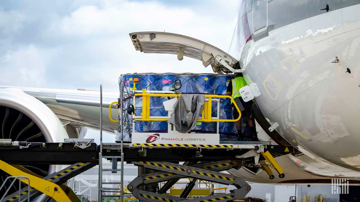 A pallet of cargo on a hydraulic lift sliding into the open side bay of a cargo jet.