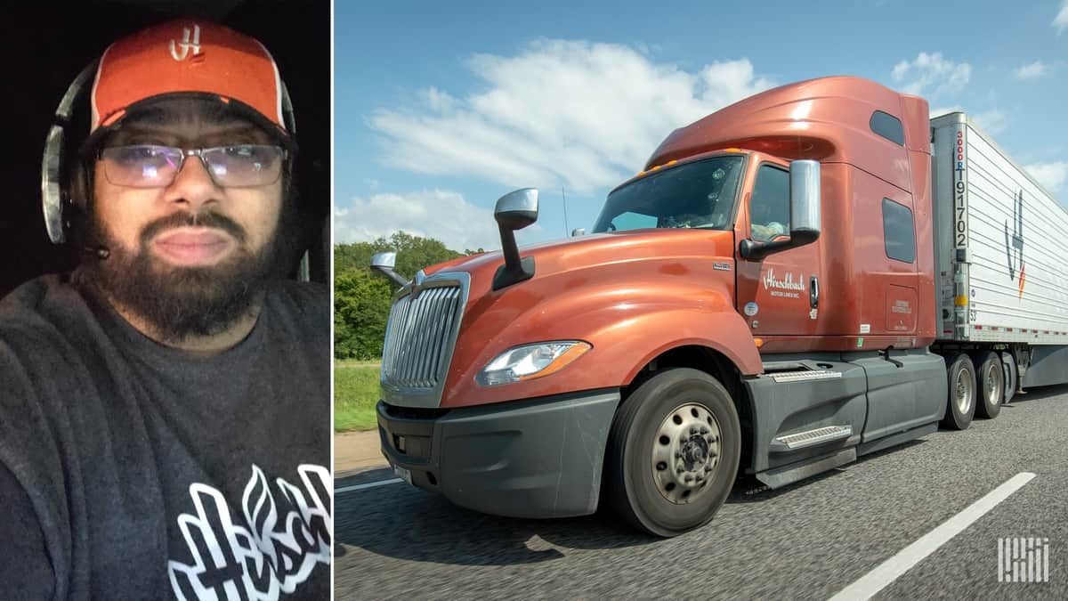 Composite photo of driver Demetrius Fields and a Hirschbach Motor Lines truck.