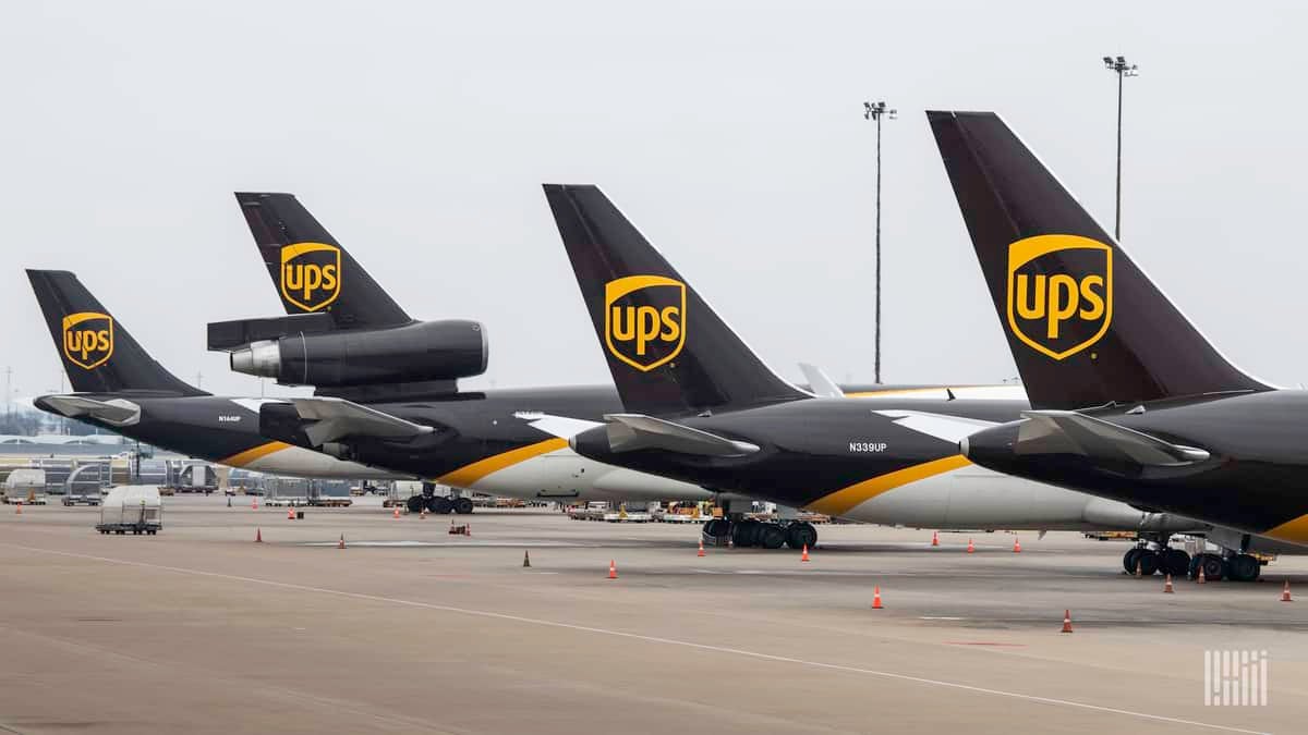 Brown-tails of UPS planes in a row at airport.