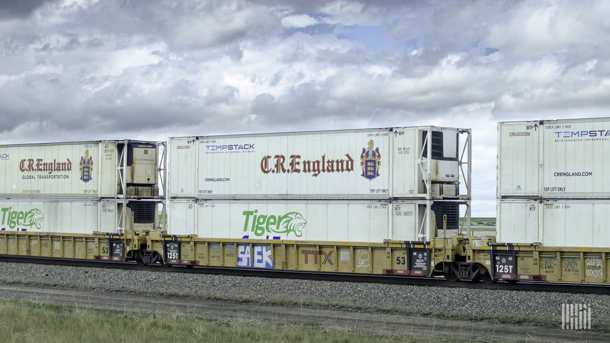 A photograph of intermodal containers on a train.