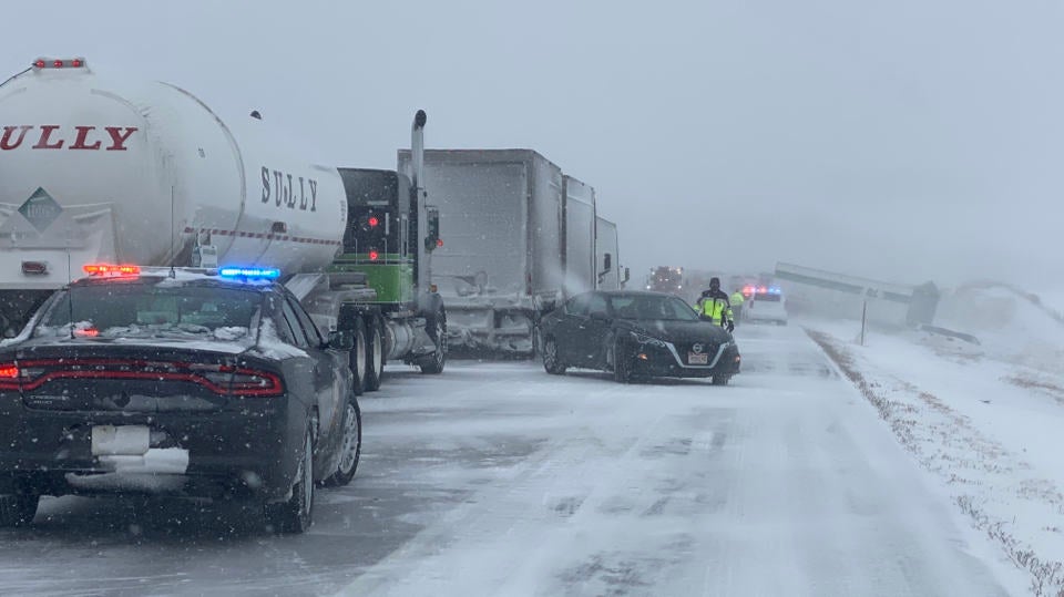 Wreck on Interstate 80 in Iowa during snowstorm on Feb. 4, 2021.