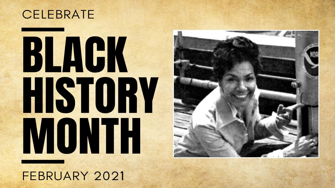 Picture of late meteorologist June Bacon-Bercer on a Black History Month banner.