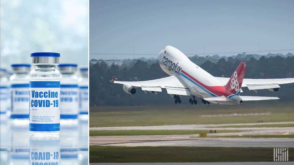 Image of COVID vaccine vials on left, and a large freighter taking off from runway (view from behind)