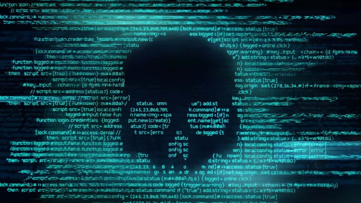 Malicious computer programming code in the shape of a skull to illustrate a ransomware attack that exposed data on Hyundai logistics operations.