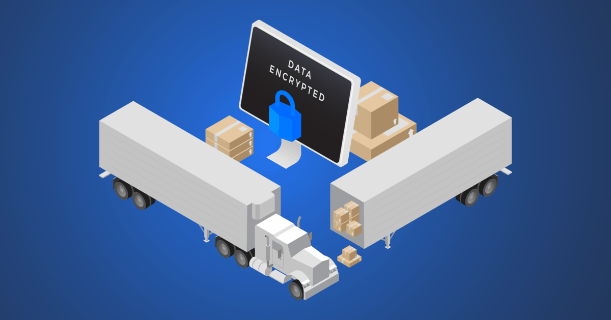 A graphic illustration of two trucks being unloaded and screen displaying "files encrypted' to illustrate an ransomware attack on a trucking company.