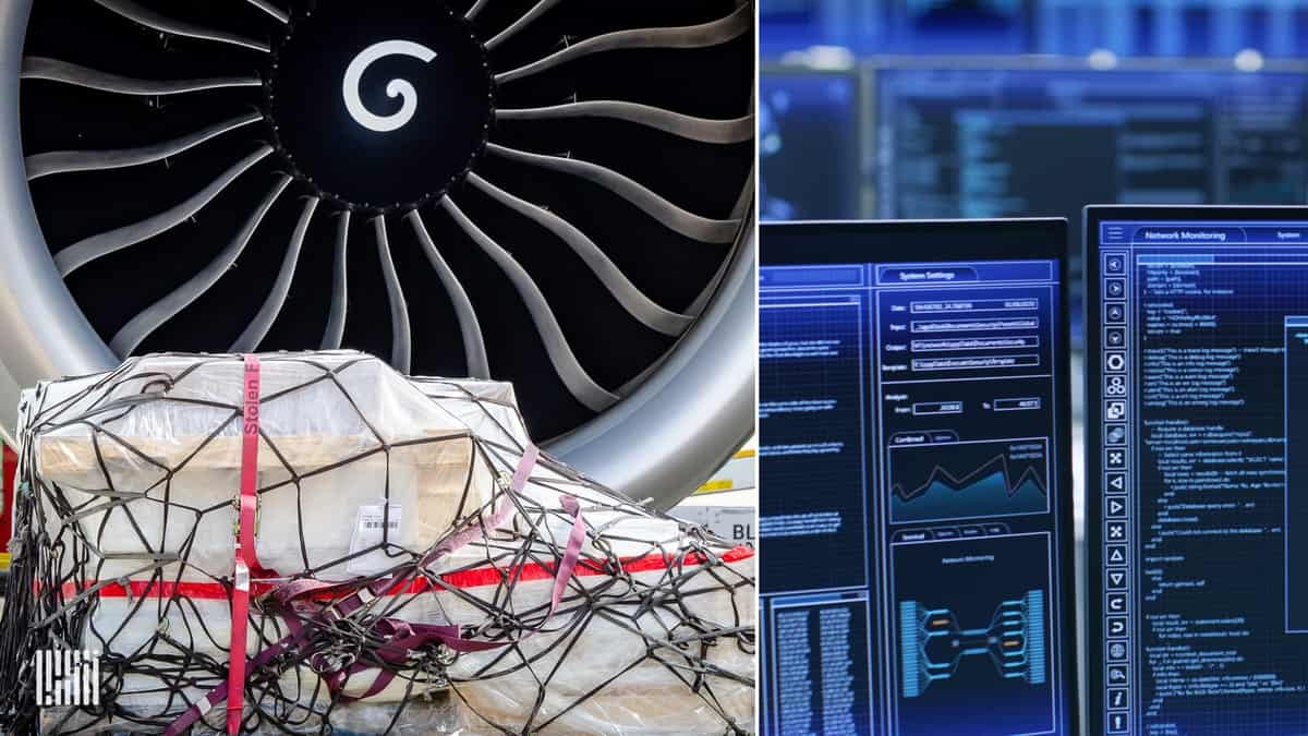 Split screen, with cargo pallet in front of a big jet engine of plane and blue screen of a big computer on the right to show digital freight transactions.