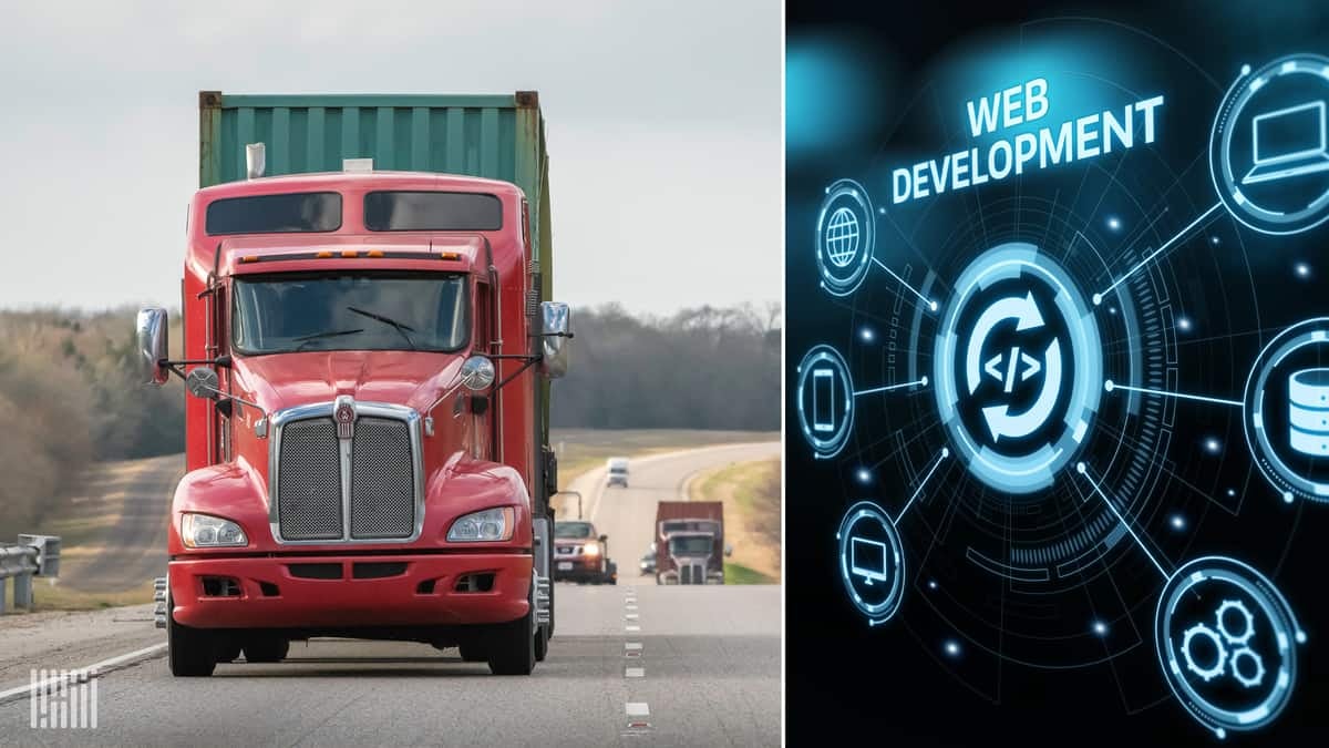 Red truck on right; web development code on right