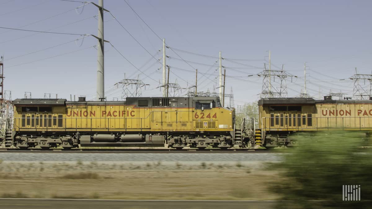 A photograph of Union Pacific locomotives.