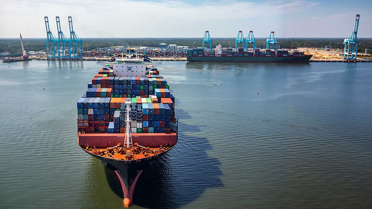 A large container ship arrives at the Port of Virginia.