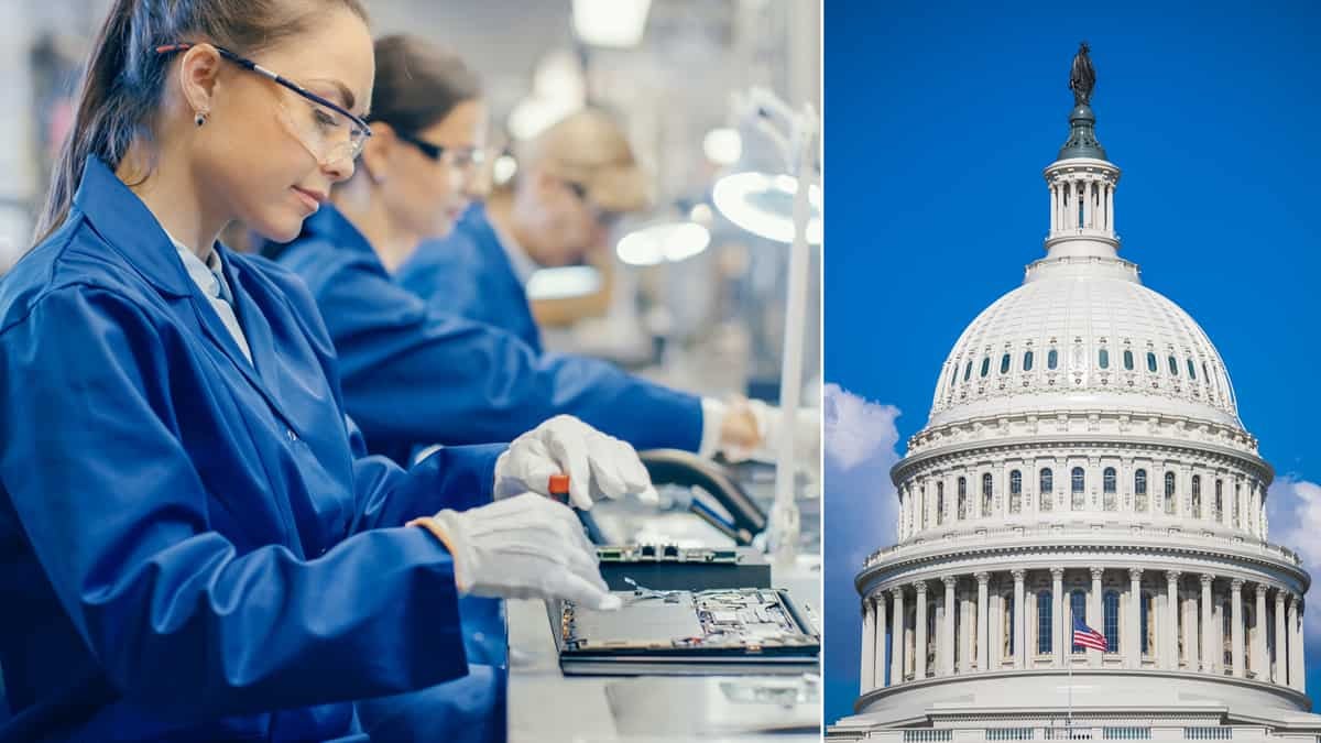 A split shot of people making delicate products on assembly line and U.S. Capitol on right.