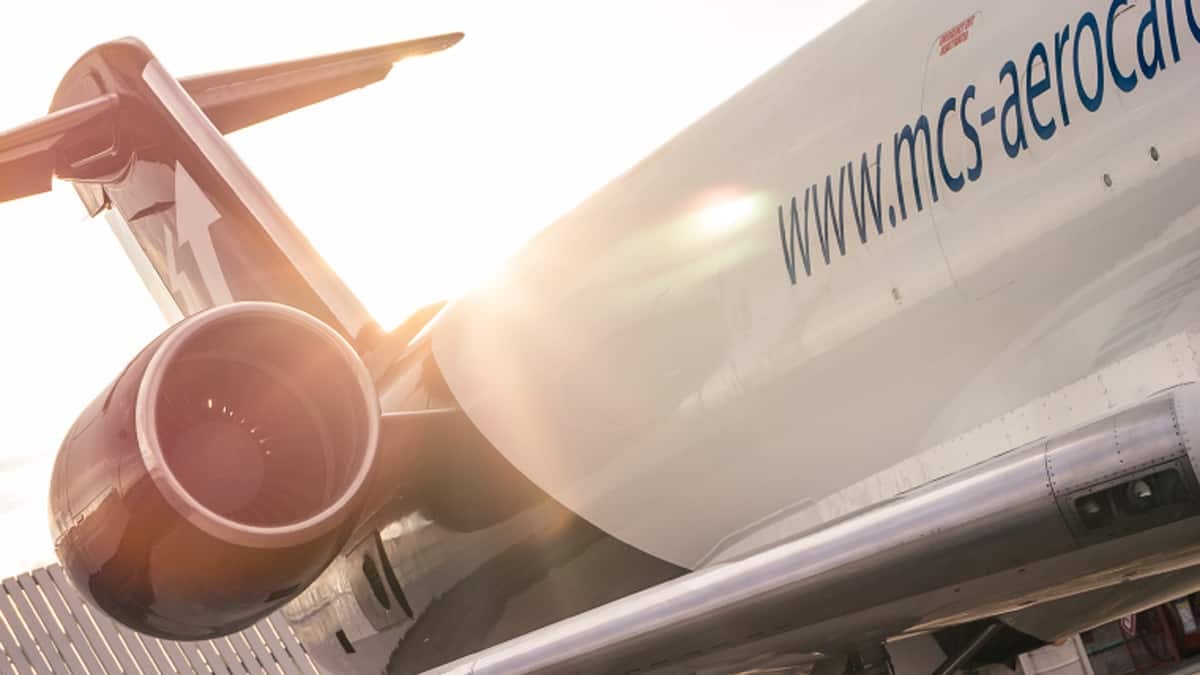 TUM Aerocarga CRJ200 cargo jet. Close up of tail and engine.t