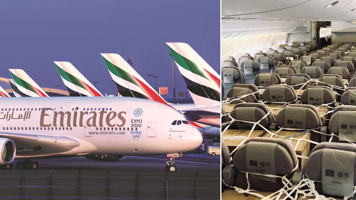 A giant white Emirates jumbo jet in front of a row of parked aircraft with tails visible; right side of split screen is cargo stored in passenger seats.